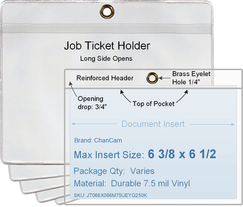 ChanCam vinyl sleeve, open long side, hanging document holder with brass eyelet, insert size: 6 3/8 x 6 1/2, product size: 7 1/8 x 6 3/4, package quantity 100, 7.5 mil clear vinyl