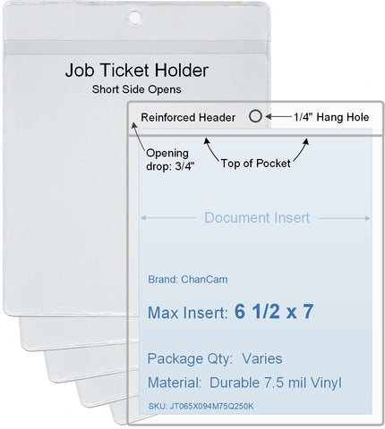 ChanCam vinyl sleeve, open short side, hanging document holder, insert size: 6 1/2 x 7, product size: 6 3/4 x 7 3/4, package quantity 100, 7.5 mil clear vinyl