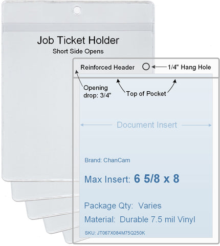 ChanCam vinyl sleeve, open short side, hanging document holder, insert size: 6 5/8 x 8, product size: 6 7/8 x 8 3/4, package quantity 100, 7.5 mil clear vinyl