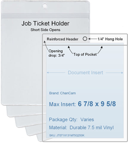 ChanCam vinyl sleeve, open short side, hanging document holder, insert size: 6 7/8 x 9 5/8, product size: 7 1/8 x 10 3/8, package quantity 100, 7.5 mil clear vinyl