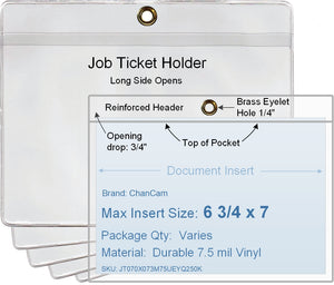 ChanCam vinyl sleeve, open long side, hanging document holder with brass eyelet, insert size: 6 3/4 x 7, product size: 7 1/2 x 7 1/4, package quantity 100, 7.5 mil clear vinyl