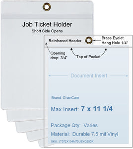 ChanCam vinyl sleeve, open short side, hanging document holder with brass eyelet, insert size: 7 x 11 1/4, product size: 7 1/4 x 12, package quantity 100, 7.5 mil clear vinyl