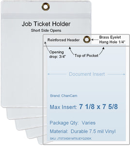 ChanCam vinyl sleeve, open short side, hanging document holder with brass eyelet, insert size: 7 1/8 x 7 5/8, product size: 7 3/8 x 8 3/8, package quantity 100, 7.5 mil clear vinyl