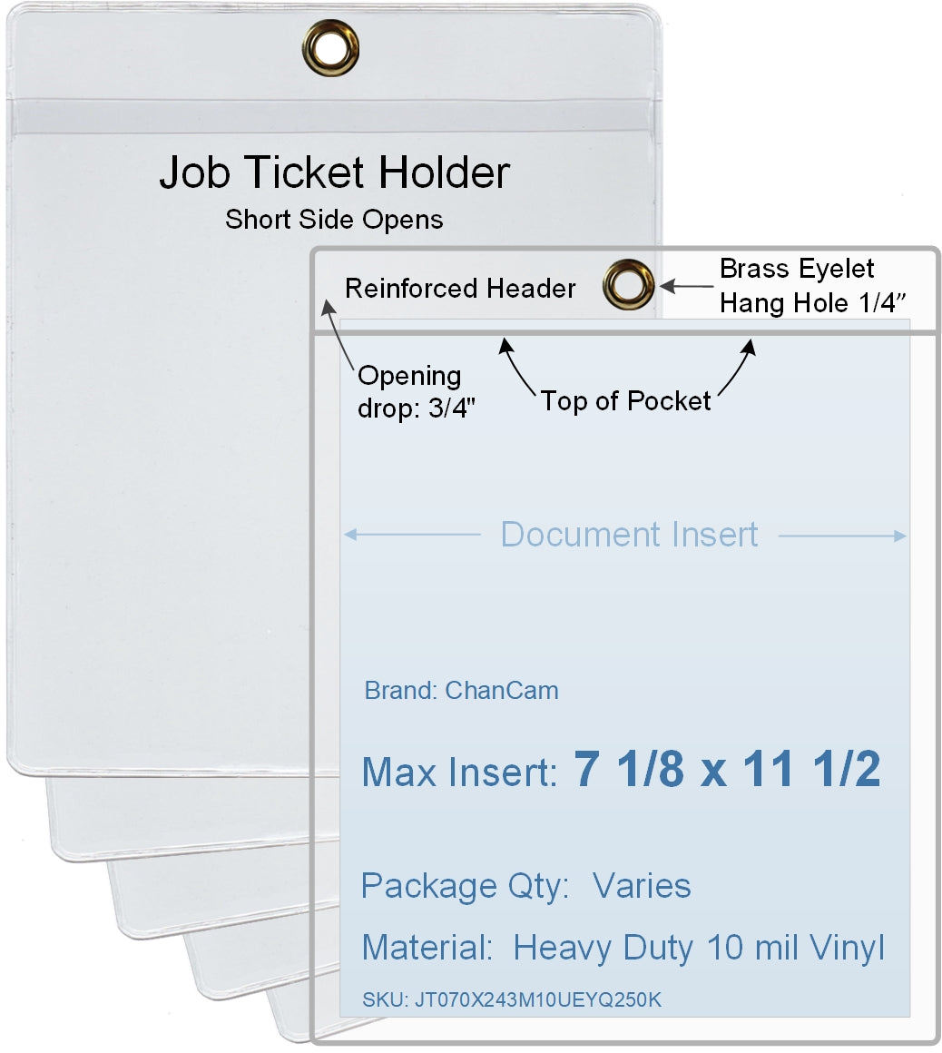 ChanCam vinyl sleeve, open short side, hanging document holder with brass eyelet, insert size: 7 1/8 x 11 1/2, product size: 7 3/8 x 12 1/4, package quantity 100, heavy duty 10 mil clear vinyl