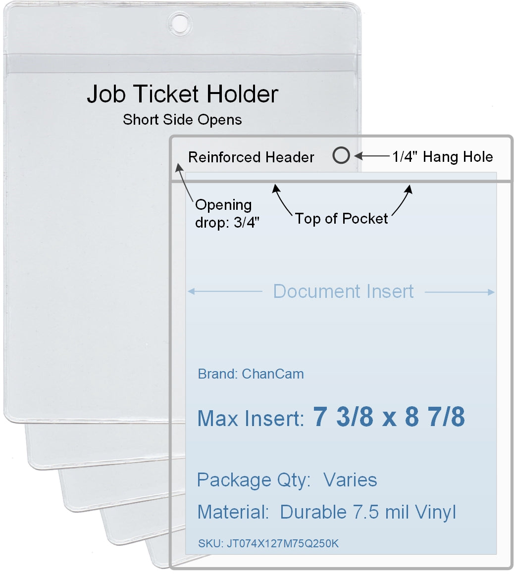 ChanCam vinyl sleeve, open short side, hanging document holder, insert size: 7 3/8 x 8 7/8, product size: 7 5/8 x 9 5/8, package quantity 100, 7.5 mil clear vinyl