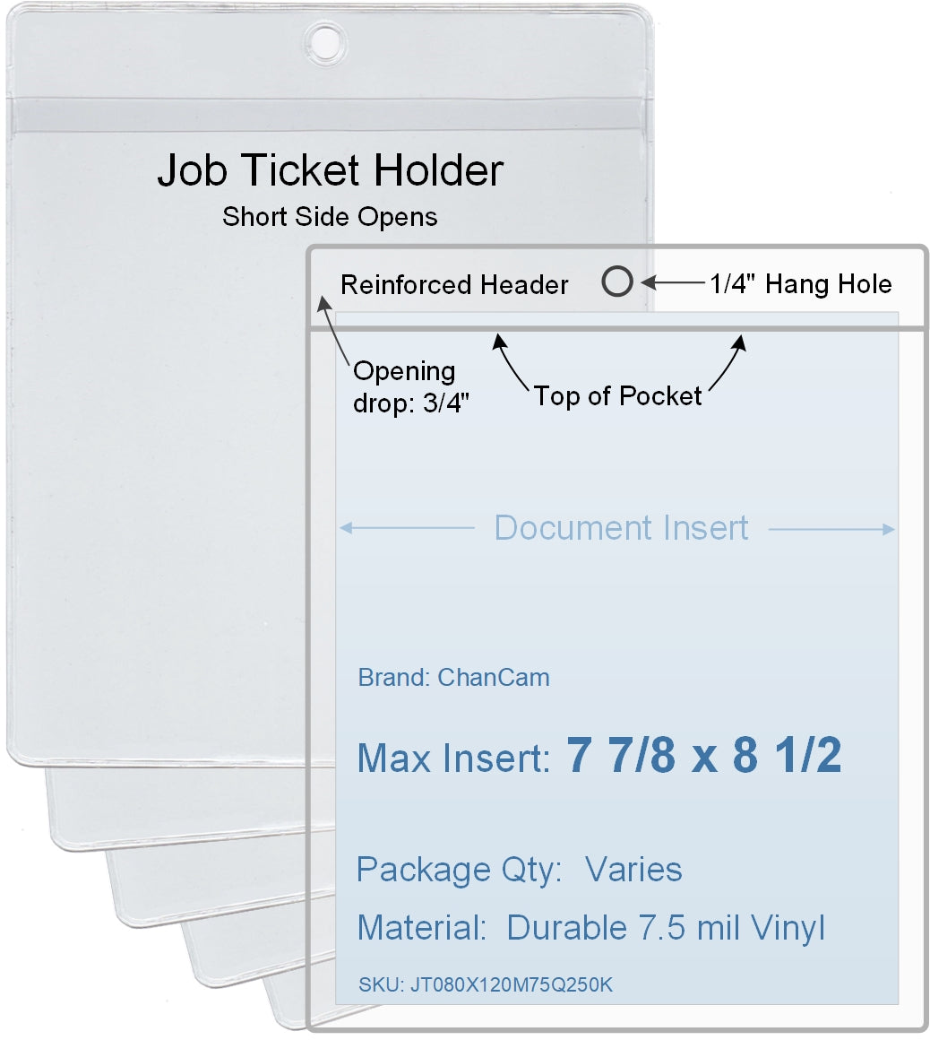 ChanCam vinyl sleeve, open short side, hanging document holder, insert size: 7 7/8 x 8 1/2, product size: 8 1/8 x 9 1/4, package quantity 100, 7.5 mil clear vinyl