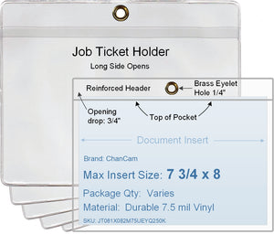 ChanCam vinyl sleeve, open long side, hanging document holder with brass eyelet, insert size: 7 3/4 x 8, product size: 8 1/2 x 8 1/4, package quantity 100, 7.5 mil clear vinyl