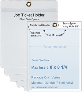 ChanCam vinyl sleeve, open short side, hanging document holder with brass eyelet, insert size: 8 x 8 1/4, product size: 8 1/4 x 9, package quantity 100, 7.5 mil clear vinyl