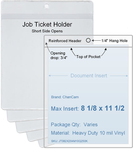 ChanCam vinyl sleeve, open short side, hanging document holder, insert size: 8 1/8 x 11 1/2, product size: 8 3/8 x 12 1/4, package quantity 100, heavy duty 10 mil clear vinyl