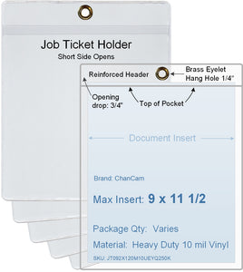 ChanCam vinyl sleeve, open short side, hanging document holder with brass eyelet, insert size: 9 x 11 1/2, product size: 9 1/4 x 12 1/4, package quantity 100, heavy duty 10 mil clear vinyl