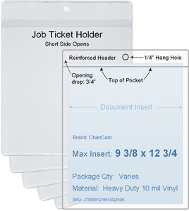 ChanCam vinyl sleeve, open short side, hanging document holder, insert size: 9 3/8 x 12 3/4, product size: 9 5/8 x 13 1/2, package quantity 100, heavy duty 10 mil clear vinyl