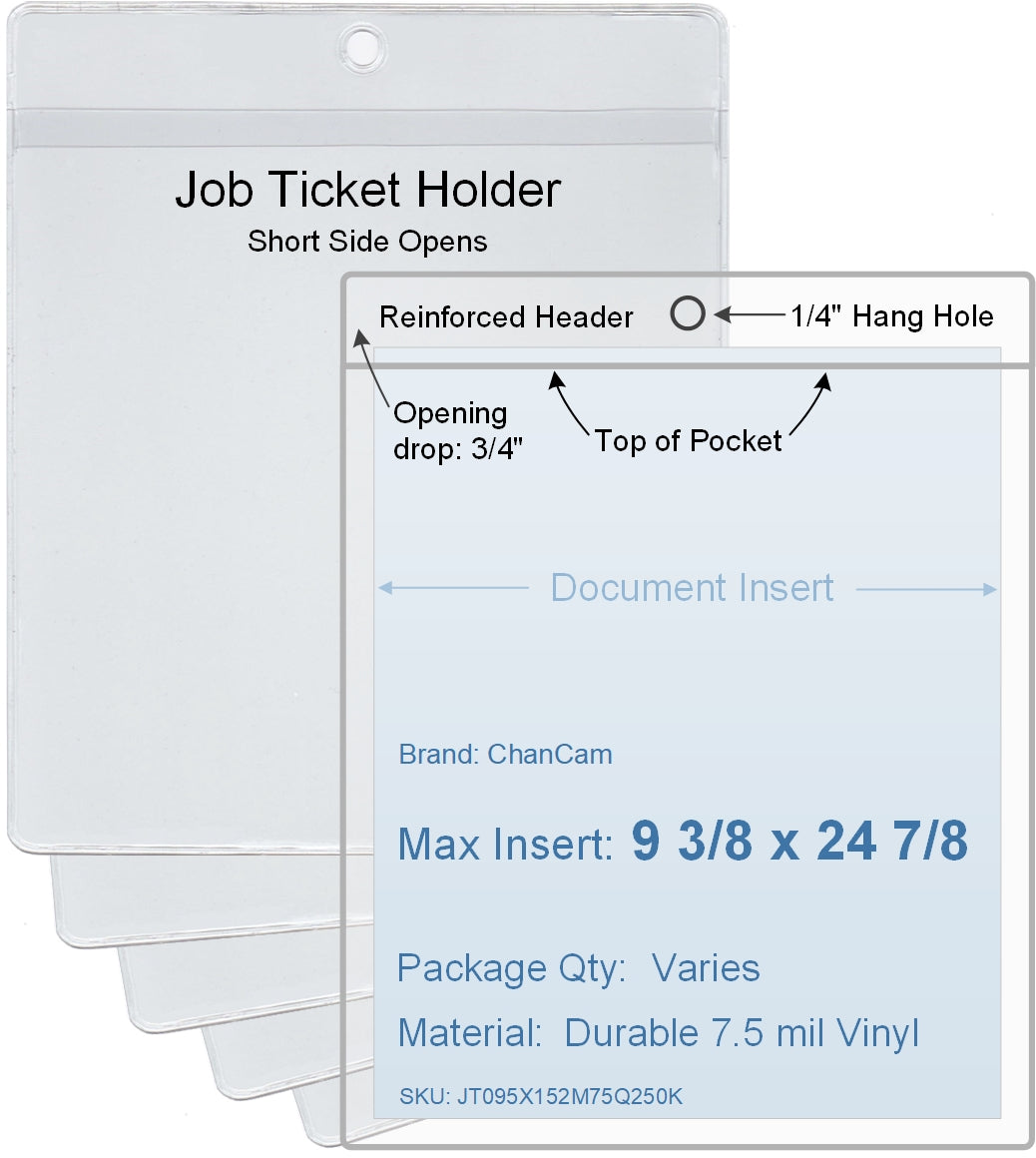 ChanCam vinyl sleeve, open short side, hanging document holder, insert size: 9 3/8 x 24 7/8, product size: 9 5/8 x 25 5/8, package quantity 100, 7.5 mil clear vinyl