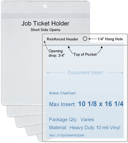 ChanCam vinyl sleeve, open short side, hanging document holder, insert size: 10 1/8 x 16 1/4, product size: 10 3/8 x 17, package quantity 100, heavy duty 10 mil clear vinyl