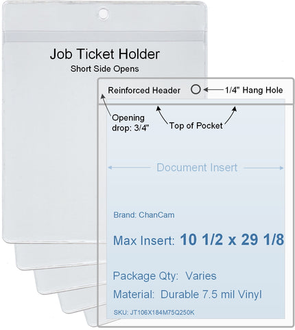 ChanCam vinyl sleeve, open short side, hanging document holder, insert size: 10 1/2 x 29 1/8, product size: 10 3/4 x 29 7/8, package quantity 100, 7.5 mil clear vinyl