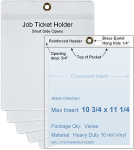 ChanCam vinyl sleeve, open short side, hanging document holder with brass eyelet, insert size: 10 3/4 x 11 1/4, product size: 11 x 12, package quantity 100, heavy duty 10 mil clear vinyl