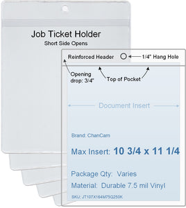 ChanCam vinyl sleeve, open short side, hanging document holder, insert size: 10 3/4 x 11 1/4, product size: 11 x 12, package quantity 100, 7.5 mil clear vinyl