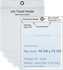 ChanCam vinyl sleeve, open short side, hanging document holder with brass eyelet, insert size: 10 3/4 x 13 1/4, product size: 11 x 14, package quantity 100, heavy duty 10 mil clear vinyl