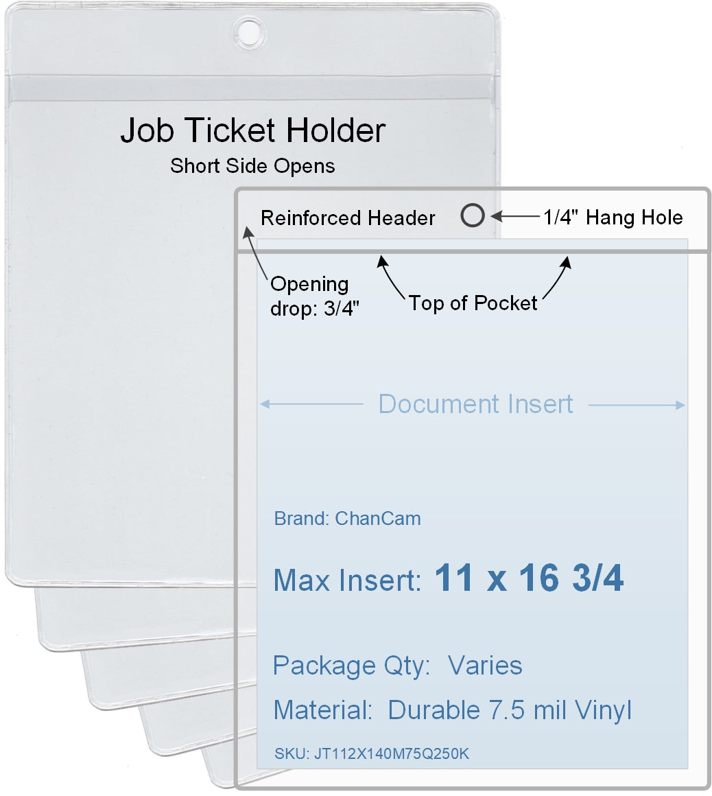 ChanCam vinyl sleeve, open short side, hanging document holder, insert size: 11 x 16 3/4, product size: 11 1/4 x 17 1/2, package quantity 100, 7.5 mil clear vinyl