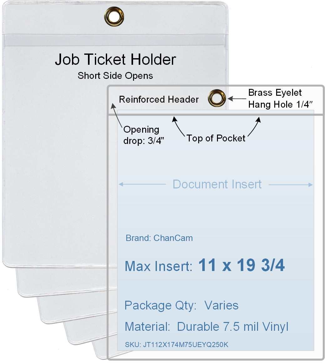 ChanCam vinyl sleeve, open short side, hanging document holder with brass eyelet, insert size: 11 x 19 3/4, product size: 11 1/4 x 20 1/2, package quantity 100, 7.5 mil clear vinyl