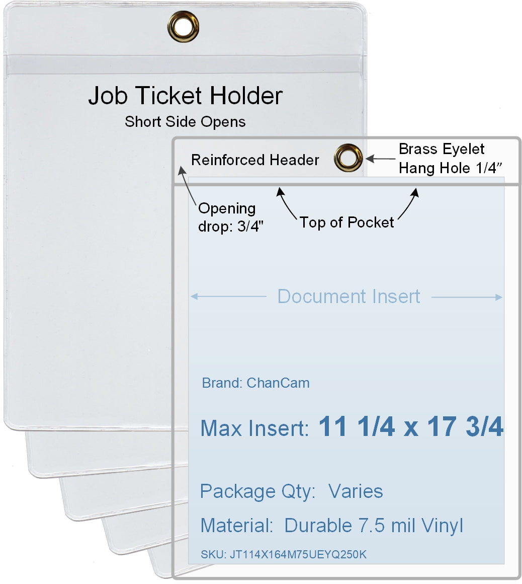 ChanCam vinyl sleeve, open short side, hanging document holder with brass eyelet, insert size: 11 1/4 x 17 3/4, product size: 11 1/2 x 18 1/2, package quantity 100, 7.5 mil clear vinyl