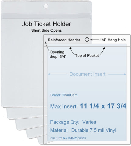 ChanCam vinyl sleeve, open short side, hanging document holder, insert size: 11 1/4 x 17 3/4, product size: 11 1/2 x 18 1/2, package quantity 100, 7.5 mil clear vinyl