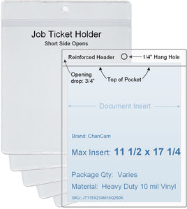 ChanCam vinyl sleeve, open short side, hanging document holder, insert size: 11 1/2 x 17 1/4, product size: 11 3/4 x 18, package quantity 100, heavy duty 10 mil clear vinyl