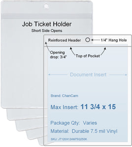 ChanCam vinyl sleeve, open short side, hanging document holder, insert size: 11 3/4 x 15, product size: 12 x 15 3/4, package quantity 100, 7.5 mil clear vinyl