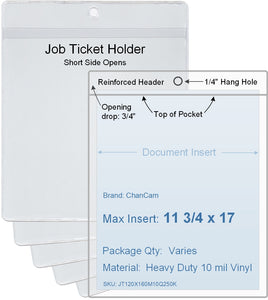 ChanCam vinyl sleeve, open short side, hanging document holder, insert size: 11 3/4 x 17, product size: 12 x 17 3/4, package quantity 100, heavy duty 10 mil clear vinyl