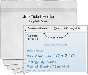 ChanCam vinyl sleeve, open long side, hanging document holder, insert size: 2 1/2 x 1/2, product size: 2 3/4 x 1 1/4, package quantity 100, 7.5 mil clear vinyl