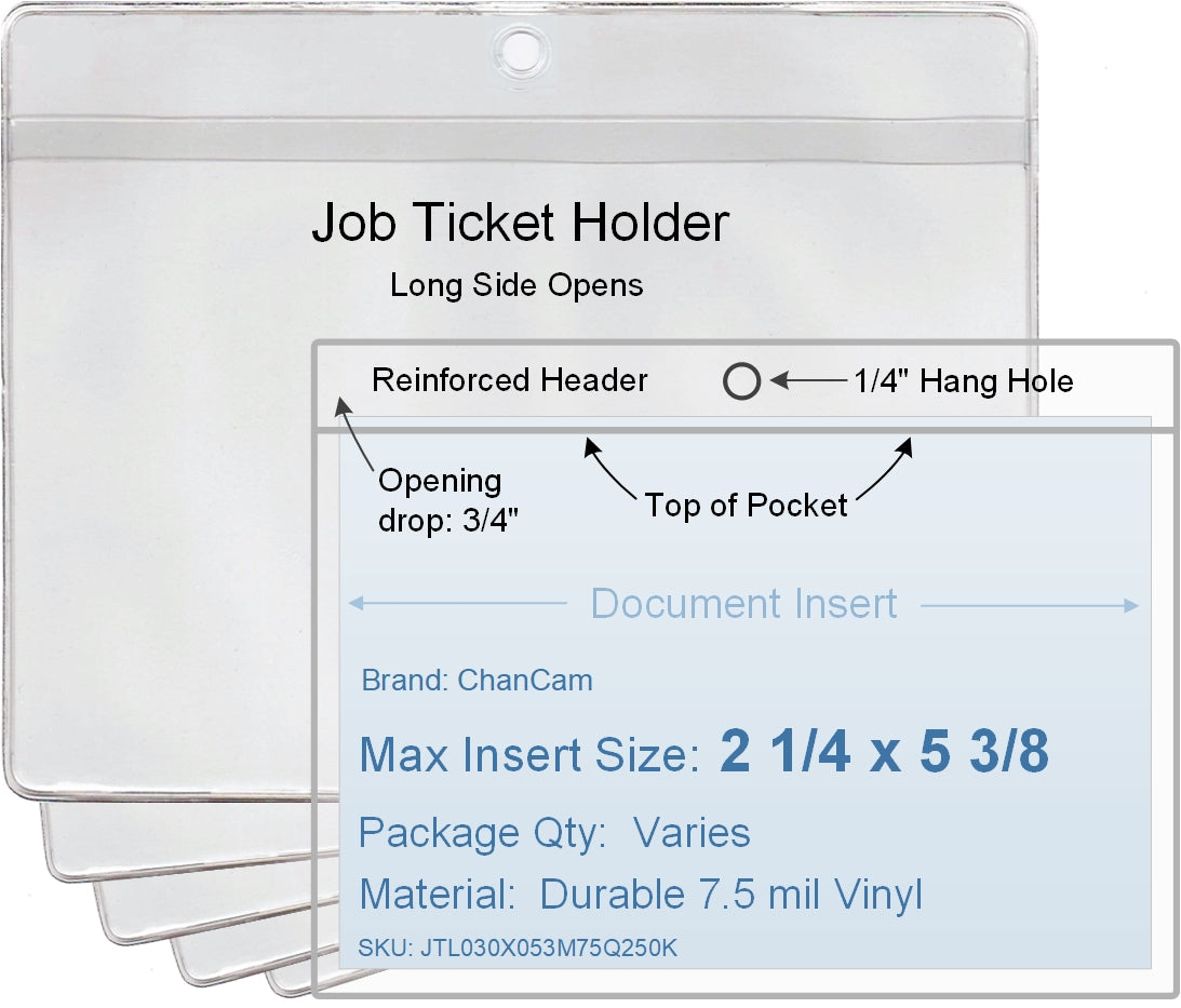 ChanCam vinyl sleeve, open long side, hanging document holder, insert size: 5 3/8 x 2 1/4, product size: 5 5/8 x 3, package quantity 100, 7.5 mil clear vinyl