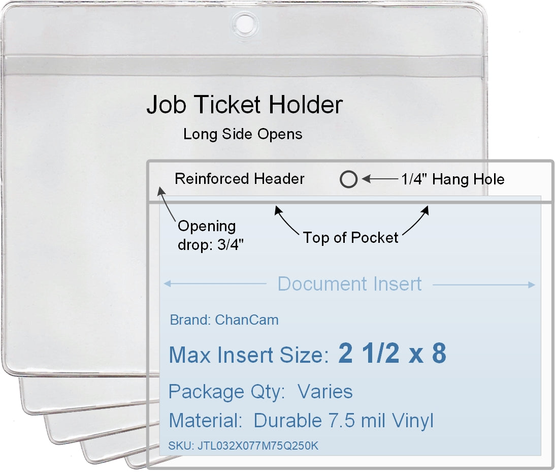 ChanCam vinyl sleeve, open long side, hanging document holder, insert size: 8 x 2 1/2, product size: 8 1/4 x 3 1/4, package quantity 100, 7.5 mil clear vinyl