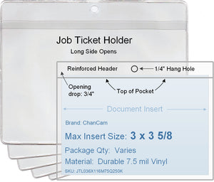 ChanCam vinyl sleeve, open long side, hanging document holder, insert size: 3 5/8 x 3, product size: 3 7/8 x 3 3/4, package quantity 100, 7.5 mil clear vinyl