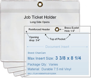 ChanCam vinyl sleeve, open long side, hanging document holder with brass eyelet, insert size: 8 1/4 x 3 3/8, product size: 8 1/2 x 4 1/8, package quantity 100, 7.5 mil clear vinyl