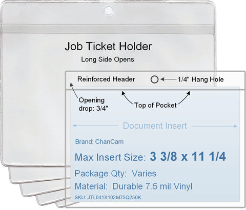 ChanCam vinyl sleeve, open long side, hanging document holder, insert size: 11 1/4 x 3 3/8, product size: 11 1/2 x 4 1/8, package quantity 100, 7.5 mil clear vinyl