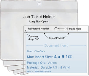 ChanCam vinyl sleeve, open long side, hanging document holder, insert size: 9 1/2 x 4, product size: 9 3/4 x 4 3/4, package quantity 250, 7.5 mil clear vinyl