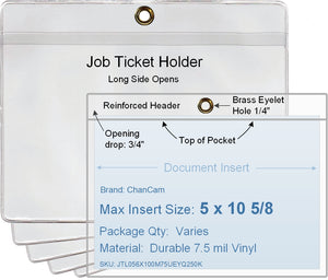 ChanCam vinyl sleeve, open long side, hanging document holder with brass eyelet, insert size: 10 5/8 x 5, product size: 10 7/8 x 5 3/4, package quantity 100, 7.5 mil clear vinyl