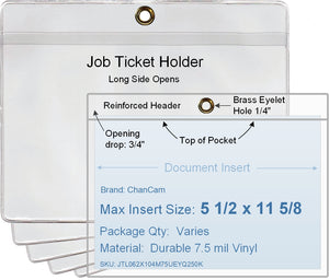 ChanCam vinyl sleeve, open long side, hanging document holder with brass eyelet, insert size: 11 5/8 x 5 1/2, product size: 11 7/8 x 6 1/4, package quantity 100, 7.5 mil clear vinyl