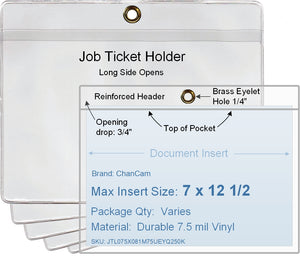 ChanCam vinyl sleeve, open long side, hanging document holder with brass eyelet, insert size: 12 1/2 x 7, product size: 12 3/4 x 7 3/4, package quantity 100, 7.5 mil clear vinyl