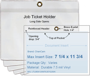 ChanCam vinyl sleeve, open long side, hanging document holder with brass eyelet, insert size: 11 3/4 x 7 1/4, product size: 12 x 8, package quantity 100, 7.5 mil clear vinyl