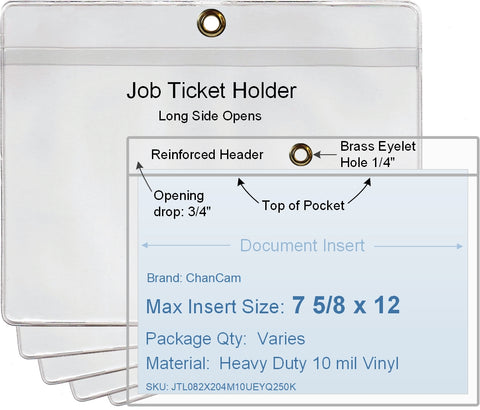 ChanCam vinyl sleeve, open long side, hanging document holder with brass eyelet, insert size: 12 x 7 5/8, product size: 12 1/4 x 8 3/8, package quantity 100, heavy duty 10 mil clear vinyl