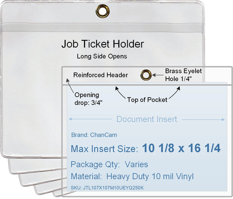 ChanCam vinyl sleeve, open long side, hanging document holder with brass eyelet, insert size: 16 1/4 x 10 1/8, product size: 16 1/2 x 10 7/8, package quantity 100, heavy duty 10 mil clear vinyl