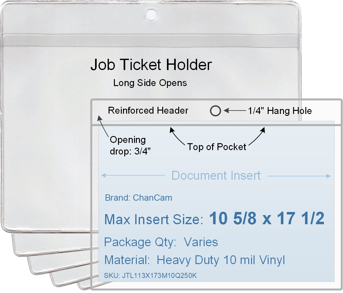 ChanCam vinyl sleeve, open long side, hanging document holder, insert size: 17 1/2 x 10 5/8, product size: 17 3/4 x 11 3/8, package quantity 100, heavy duty 10 mil clear vinyl