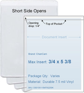 ChanCam vinyl sleeve, open short side, insert size: 3/4 x 5 3/8, product size: 1 x 5 5/8, package quantity 100, 7.5 mil clear vinyl