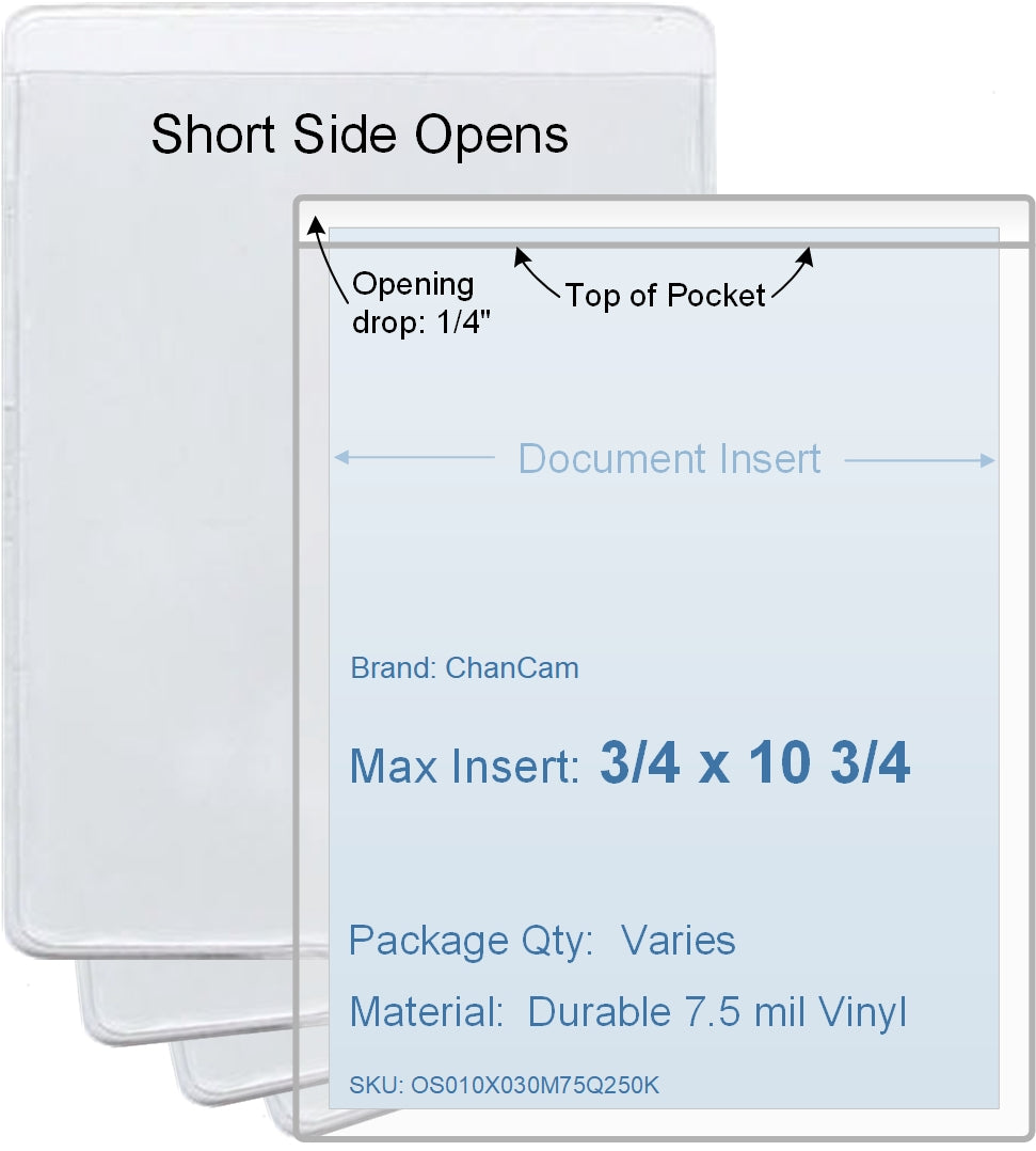 ChanCam vinyl sleeve, open short side, insert size: 3/4 x 10 3/4, product size: 1 x 11, package quantity 100, 7.5 mil clear vinyl