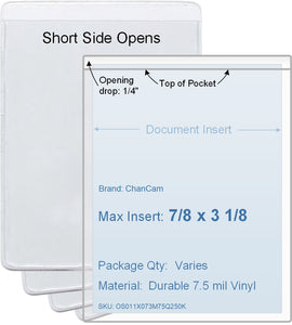 ChanCam vinyl sleeve, open short side, insert size: 7/8 x 3 1/8, product size: 1 1/8 x 3 3/8, package quantity 100, 7.5 mil clear vinyl