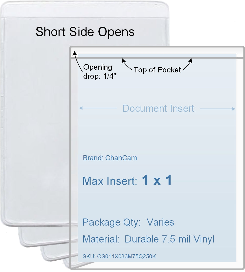 ChanCam vinyl sleeve, open short side, insert size: 1 x 1, product size: 1 1/4 x 1 1/4, package quantity 100, 7.5 mil clear vinyl