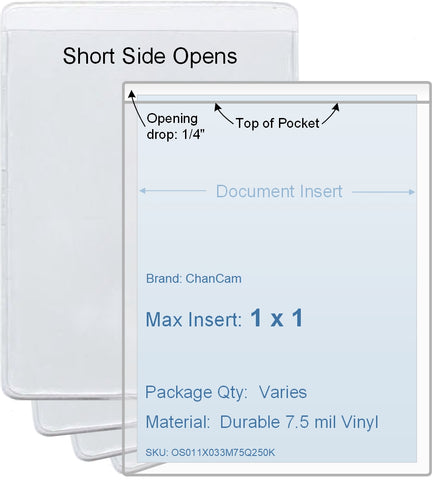 ChanCam vinyl sleeve, open short side, insert size: 1 x 1, product size: 1 1/4 x 1 1/4, package quantity 100, 7.5 mil clear vinyl