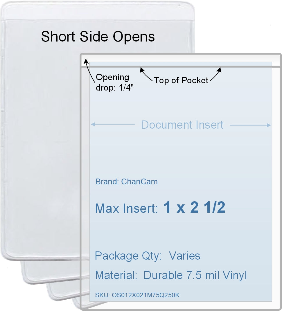 ChanCam vinyl sleeve, open short side, insert size: 1 x 2 1/2, product size: 1 1/4 x 2 3/4, package quantity 100, 7.5 mil clear vinyl