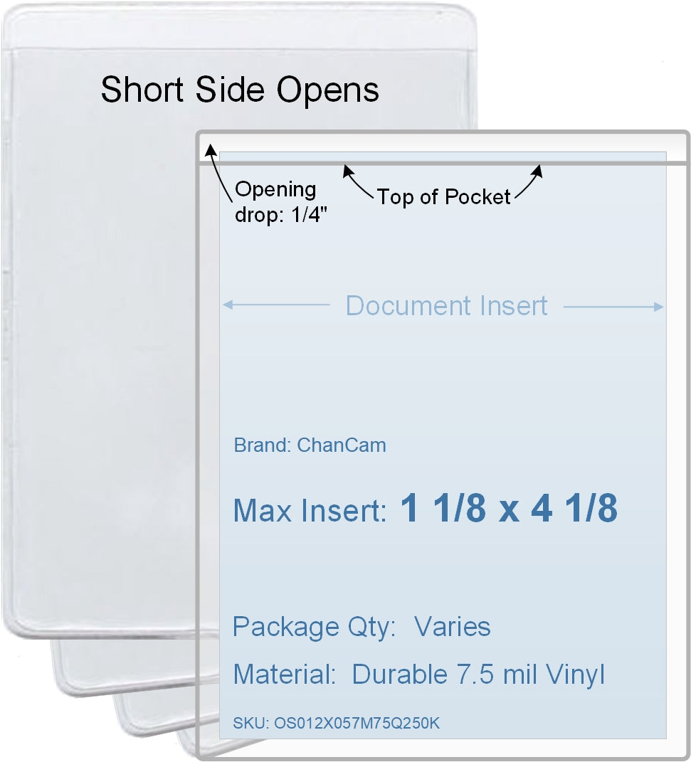 ChanCam vinyl sleeve, open short side, insert size: 1 1/8 x 4 1/8, product size: 1 3/8 x 4 3/8, package quantity 100, 7.5 mil clear vinyl