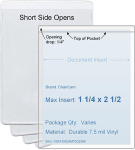 ChanCam vinyl sleeve, open short side, insert size: 1 1/4 x 2 1/2, product size: 1 1/2 x 2 3/4, package quantity 100, 7.5 mil clear vinyl